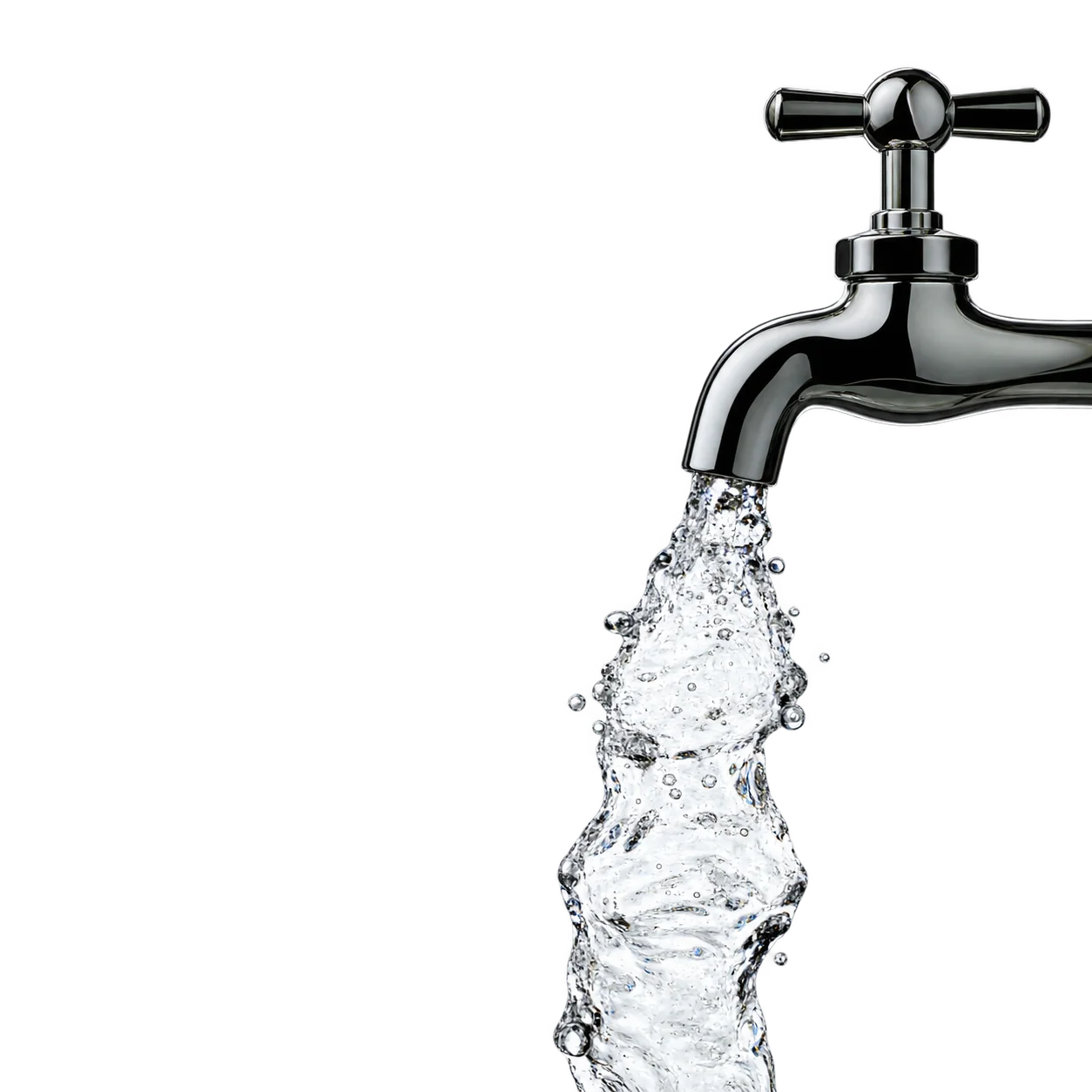 Un robinet métallique sur fond blanc laisse s'écouler un jet d'eau transparente.